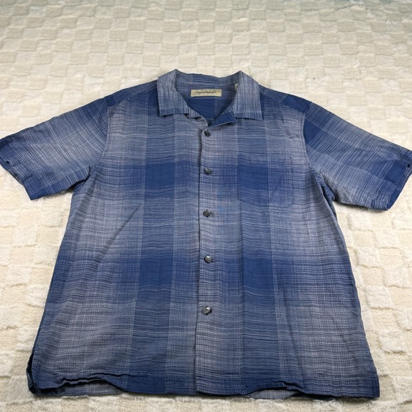 Tommy Bahama Men's Silk/Cotton Blend Short Sleeve Button Up Pocket Blue Shirt L‎ - Picture 1 of 9